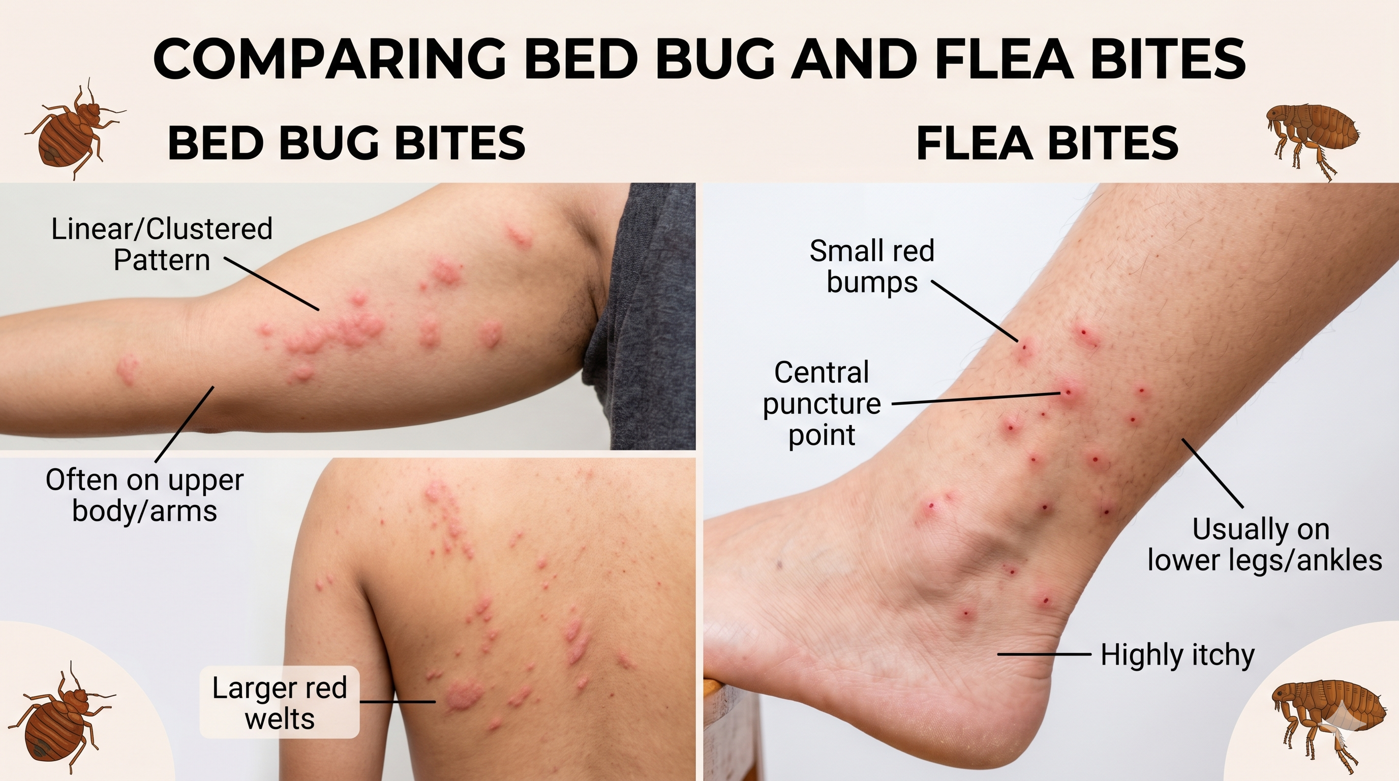 compare bed bug bites vs flea bites