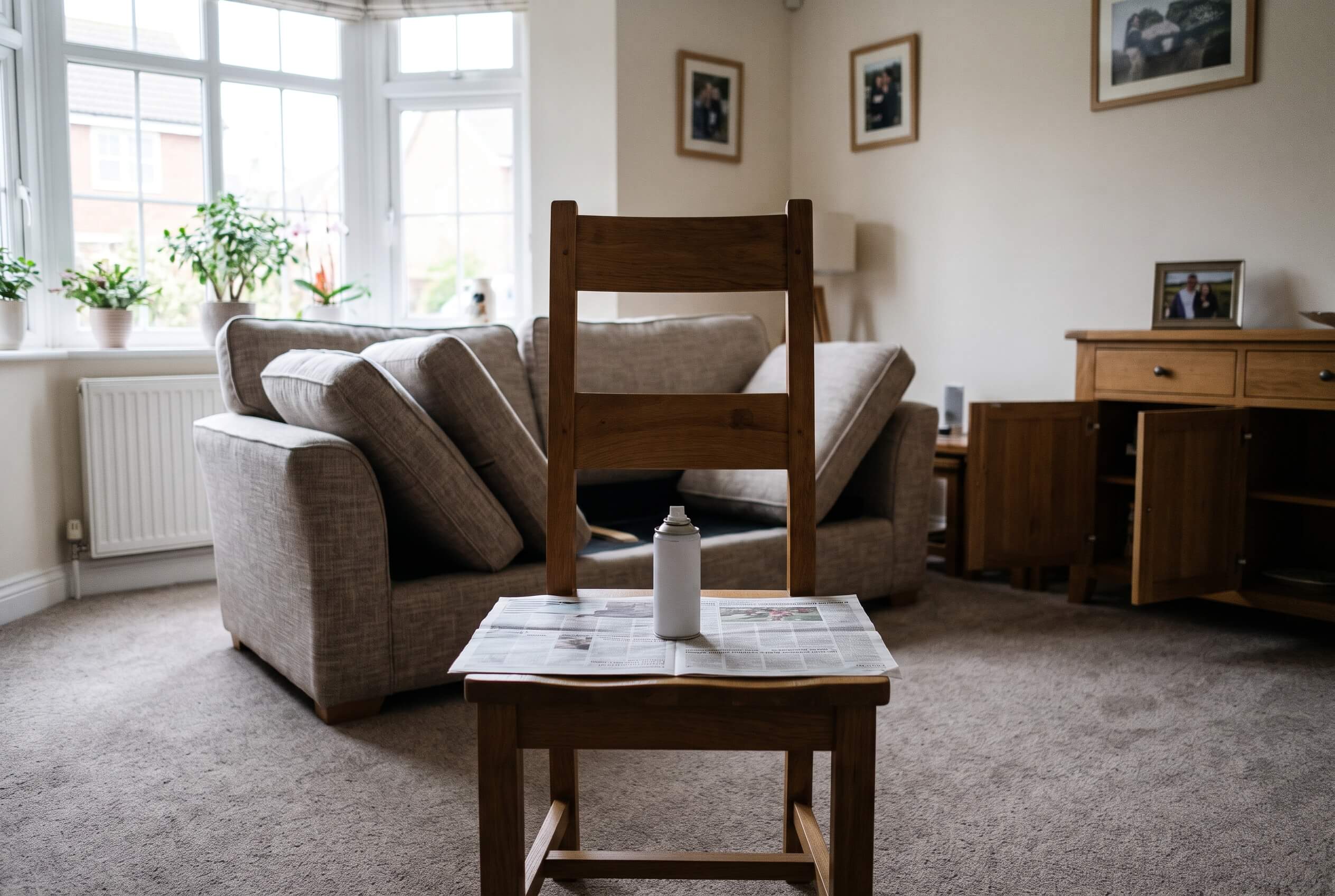 A flea bomb set up on a chair in the middle of a living room, with cushions lifted and cupboards open