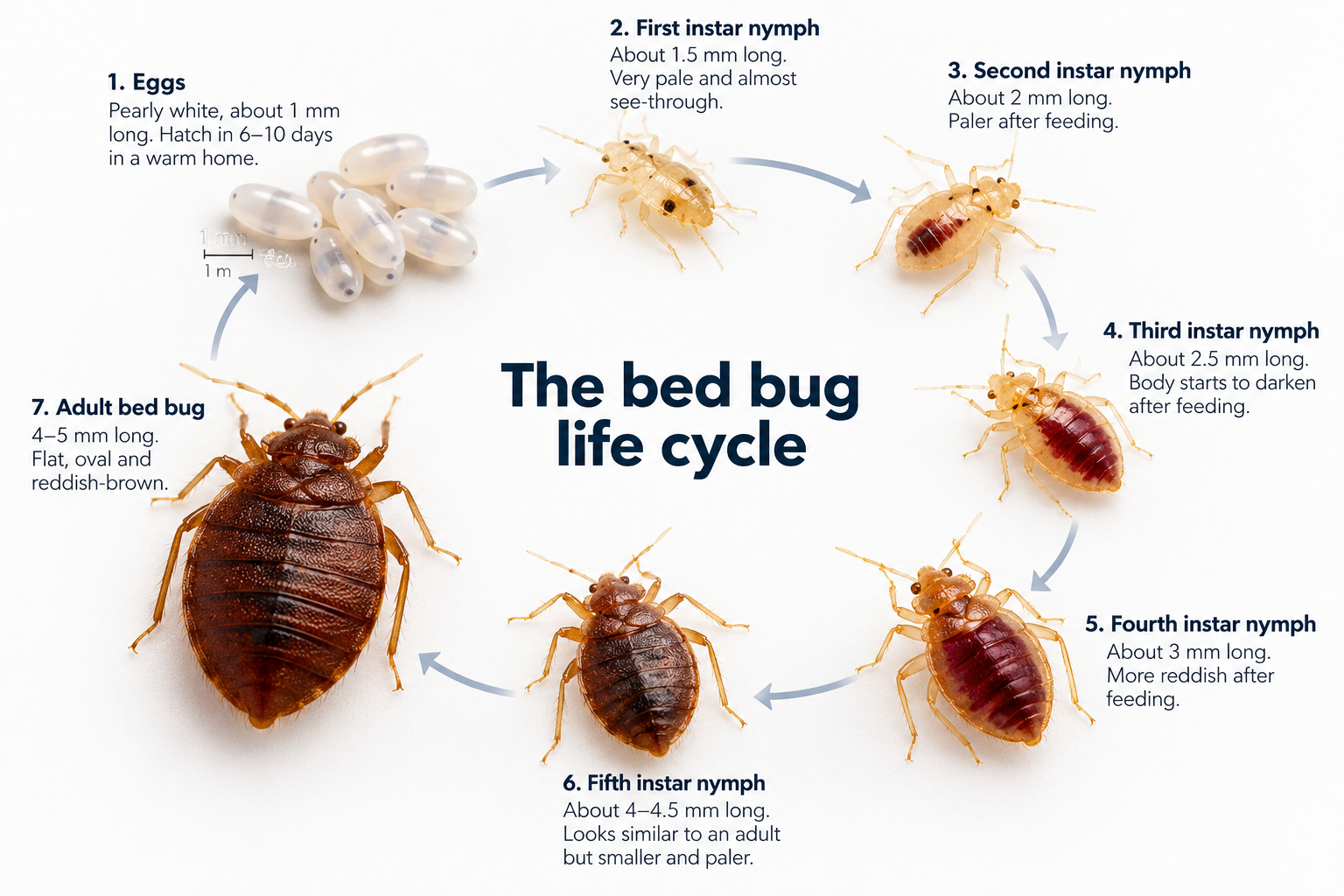 The bed bug life cycle: eggs, five nymph stages and an adult bed bug