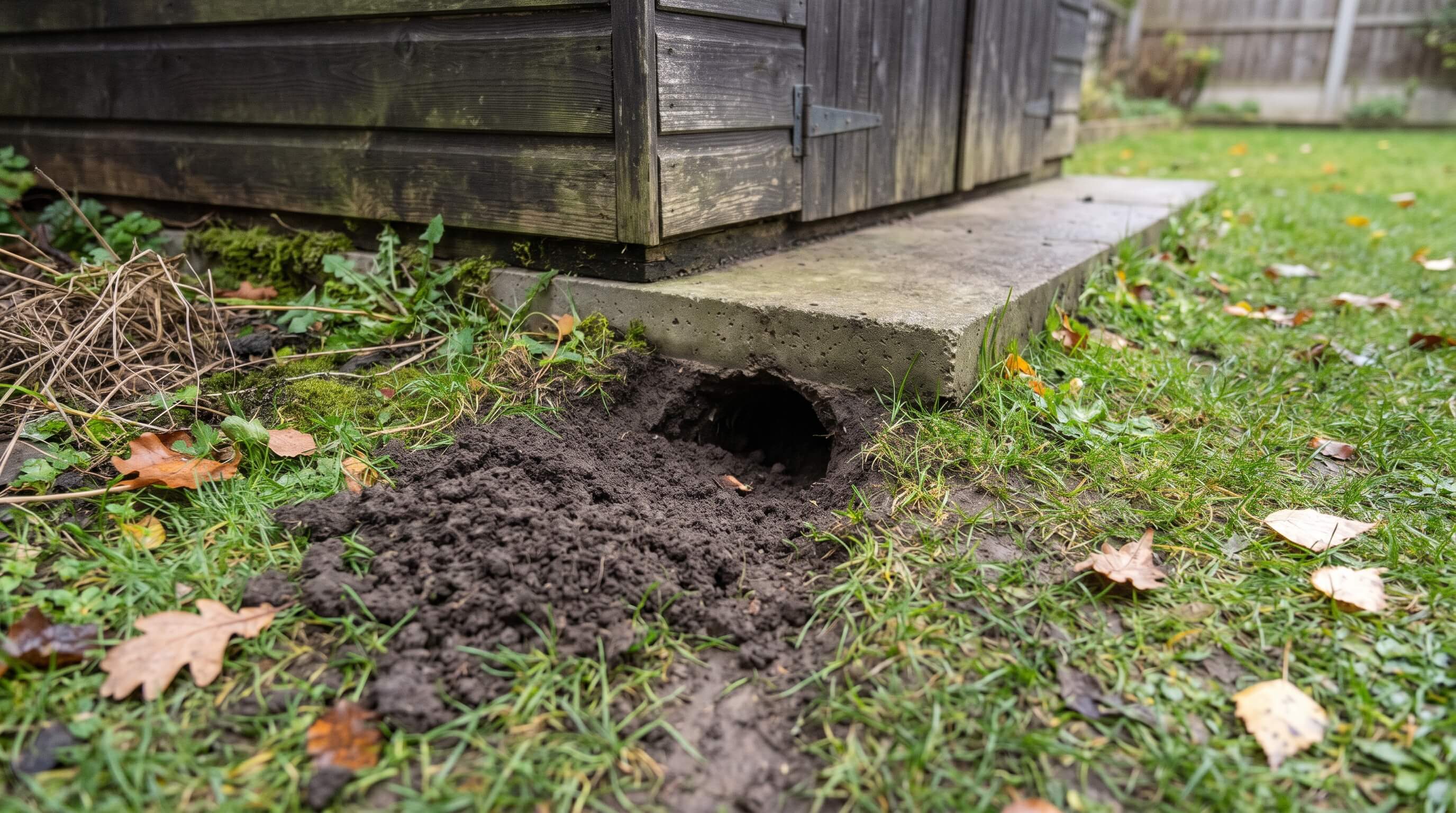 rat burrow entrance next to a garden shed